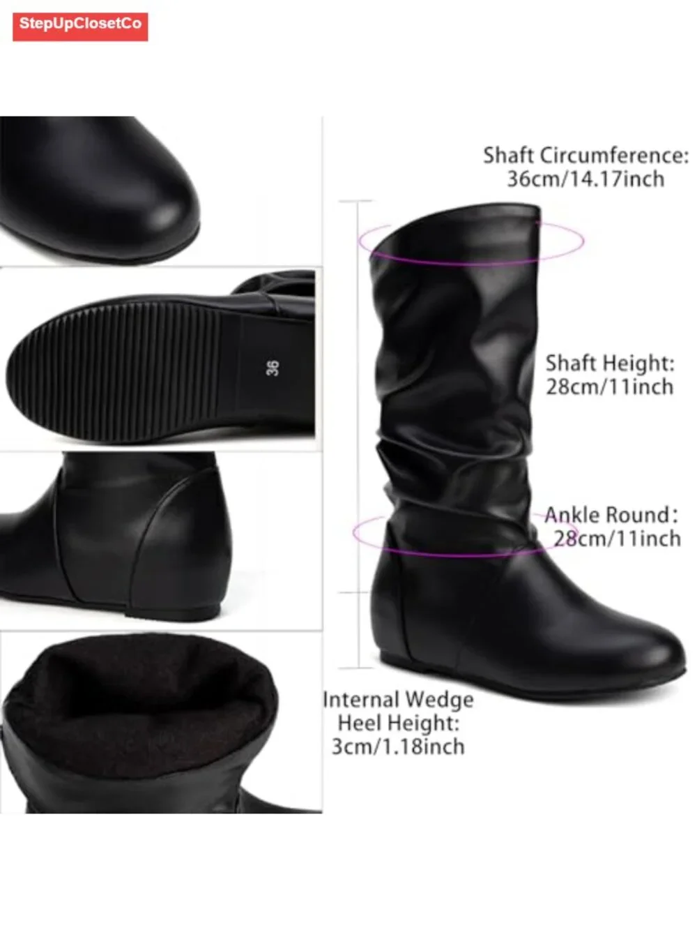 Women's Slouch Mid-Calf Boots Faux Leather Wedge Low Heel Pull On Side Zip